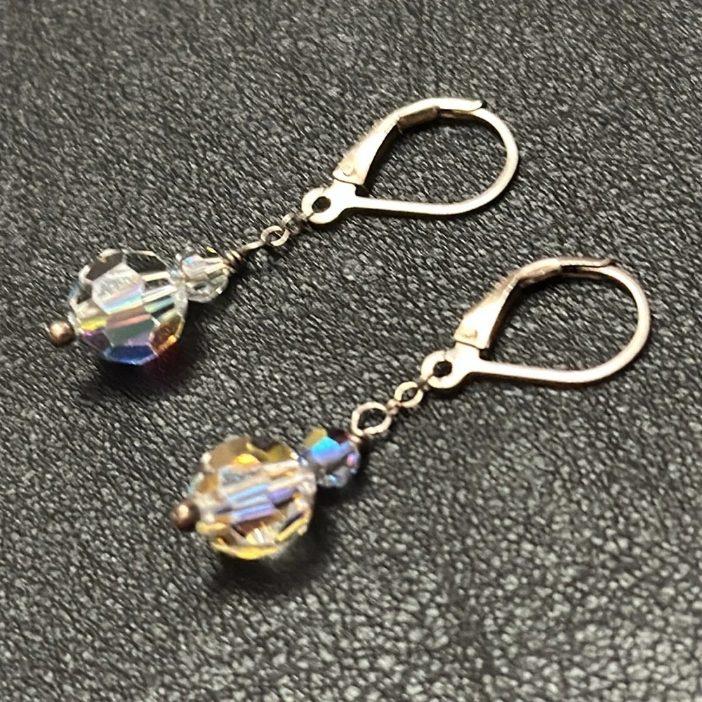 925 Silver Wire Hook Lever Back AB Clear Crystal Dangle Vintage Earrings